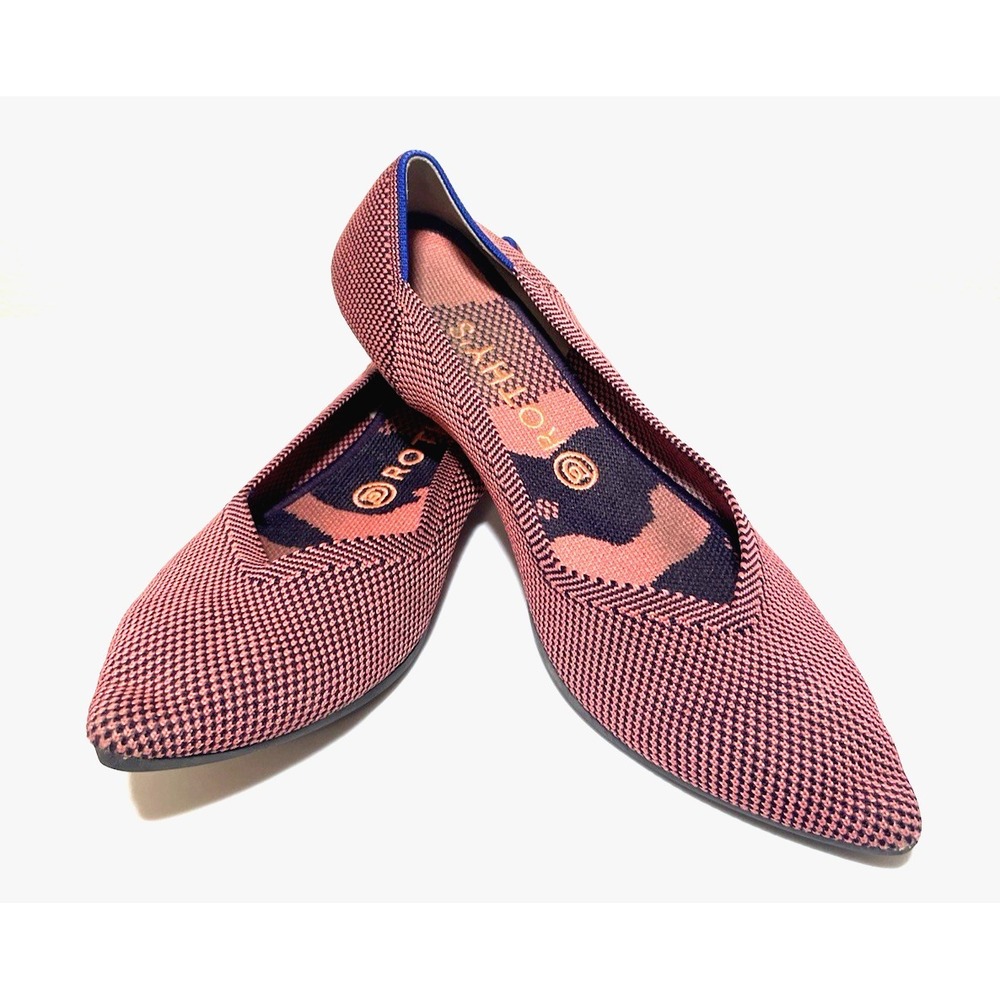 Rothy's Pink and Navy Patterned Pointed Toe Flat, Size 10W, retired pattern